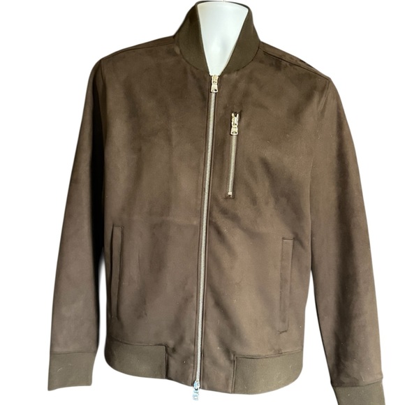 Banana Republic Faux Suede Chocolate Brown Bomber Jacket Men’s Medium - Picture 8 of 14